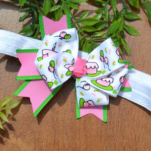 Birthday Headband | White Soft Satin Headband | Pink, Green and White Cake Print Hair Bow | First Birthday Headband with Bow