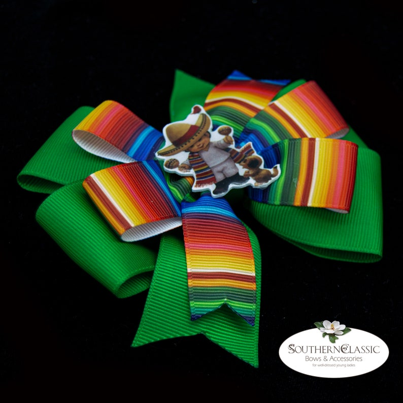 Mexican Hair Bow Handmade Epoxy Resin Boy with Sombrero Center Striped Serape Bow Cinco de Mayo Bow Serape Stacked Boutique Bow