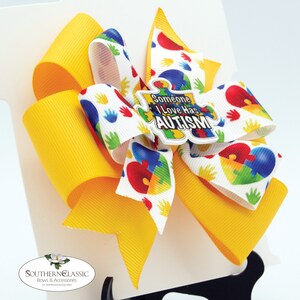 Autism Awareness Stacked Pinwheel Bow Puzzle Piece Hearts on White ...