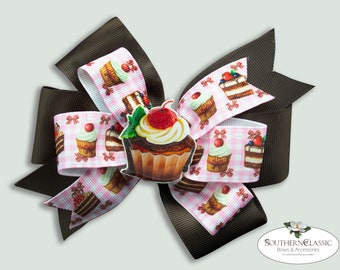 Cupcake Hair Bow: Pink & Brown Sweet Treats, Handmade Resin Center