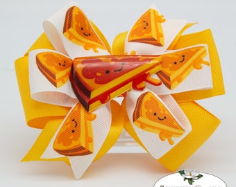 Grilled Cheese Bow | Yellow and White Printed Ribbon | Resin Grilled Cheese Sandwich Center | Toddlers to Big Girls | Yummy Food Hair Bow