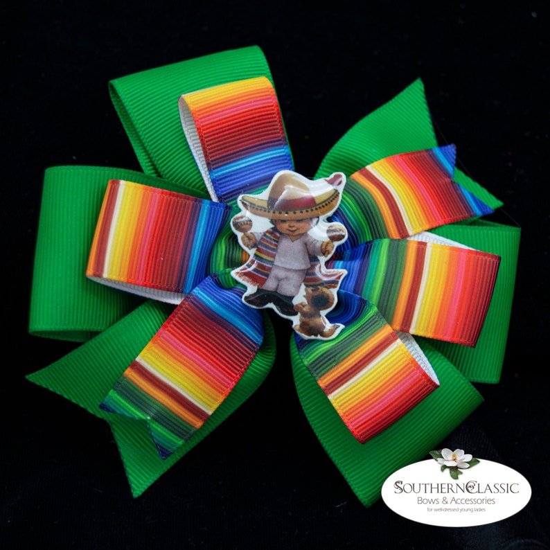 Mexican Hair Bow Handmade Epoxy Resin Boy with Sombrero Center Striped Serape Bow Cinco de Mayo Bow Serape Stacked Boutique Bow