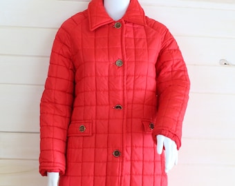 70s Vintage Red Quilted Puffer Jacket: Long Nylon Coat