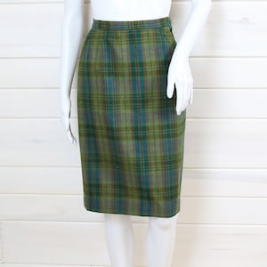 60s PLAID SKIRT | green, wool, plaid, pencil