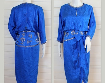 80S SILK DRESS | 100% silk, bows, sequins, cocktail, prom, royal blue