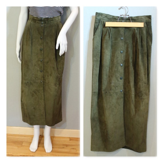 GREEN SUEDE MAXI Skirt long leather skirt vintage
