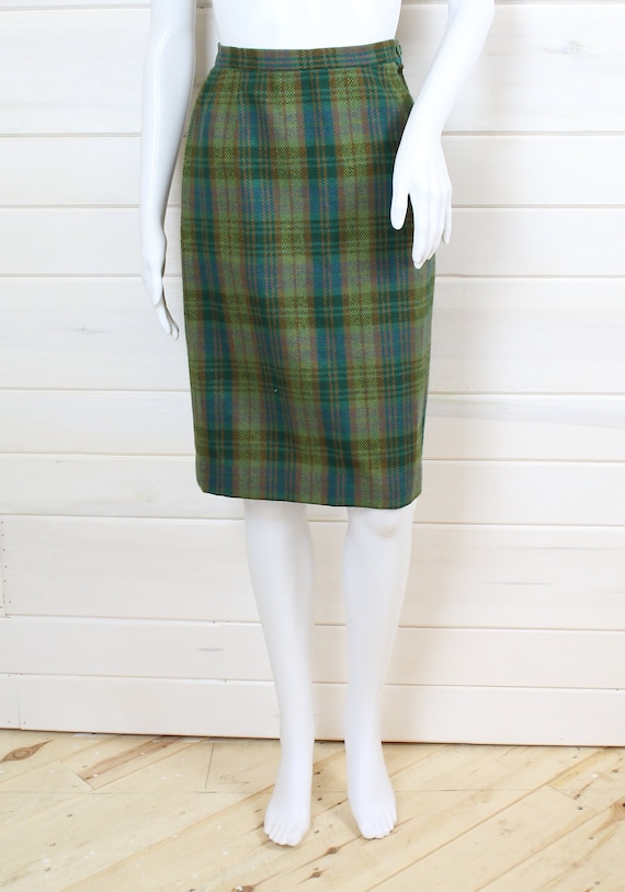 60s PLAID SKIRT | green, wool, plaid, pencil