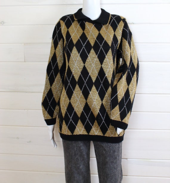 GOLD METALLIC SWEATER | argyle, lurex,black, colla