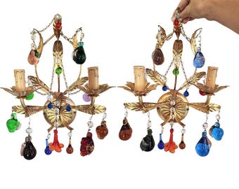 2 APLIQUES DE CRISTAL DE MURANO/PAR, fruta, eléctricos, Art Déco, dorados, italianos