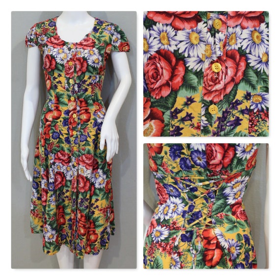 90's FLORAL DRESS| button up, yellow, corset back… - image 1