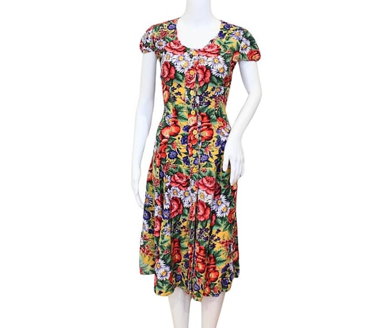 90's FLORAL DRESS| button up, yellow, corset back, daisy