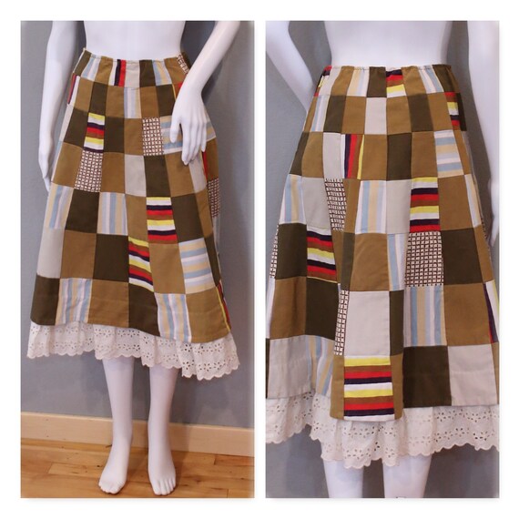 70s PATCHWORK DENIM SKIRT multicolored lace bottom