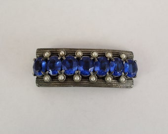 BLUE DRESS CLIP | silver tone, blue glass gems faux sapphire, art deco, vintage, 1920s, pearls