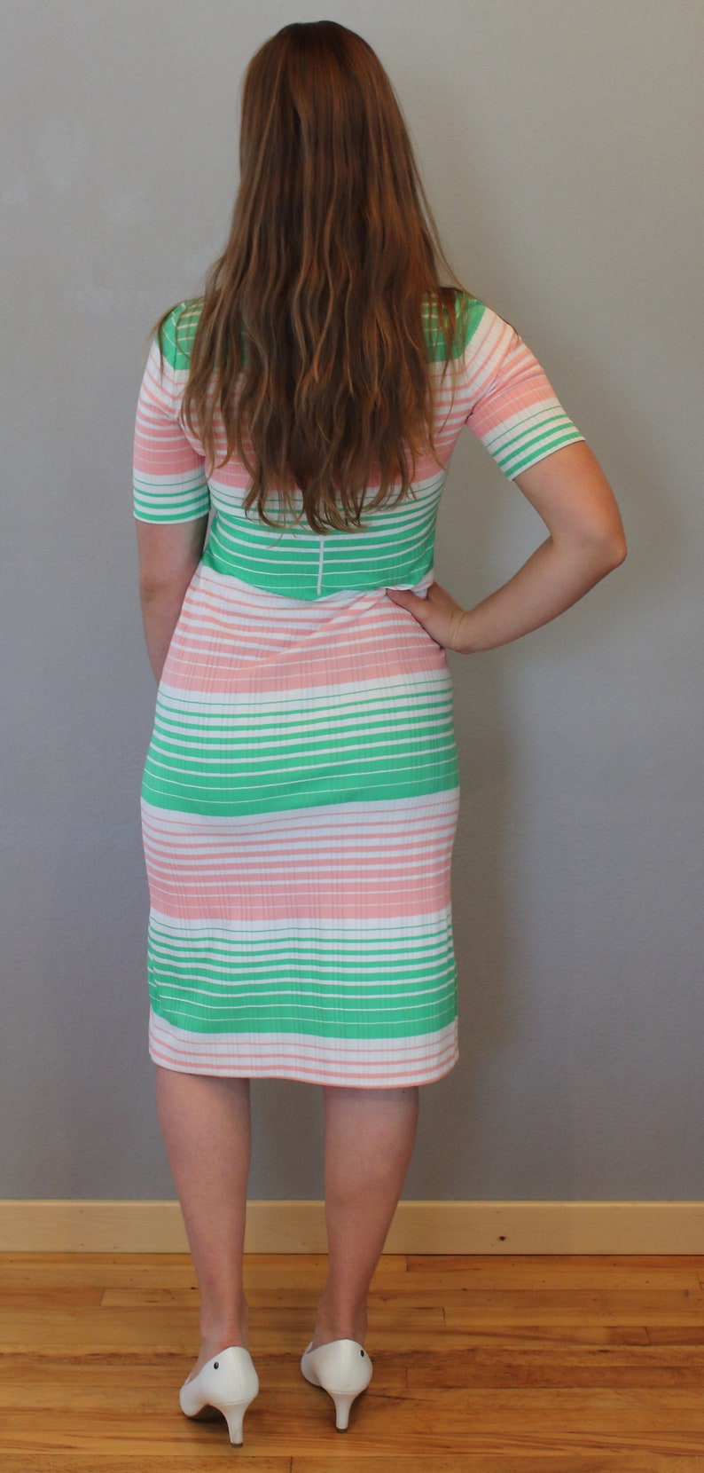 White Knit Dress Ribbed Mock Neck 60/'s Vintage Mod Striped Dress Pink Green