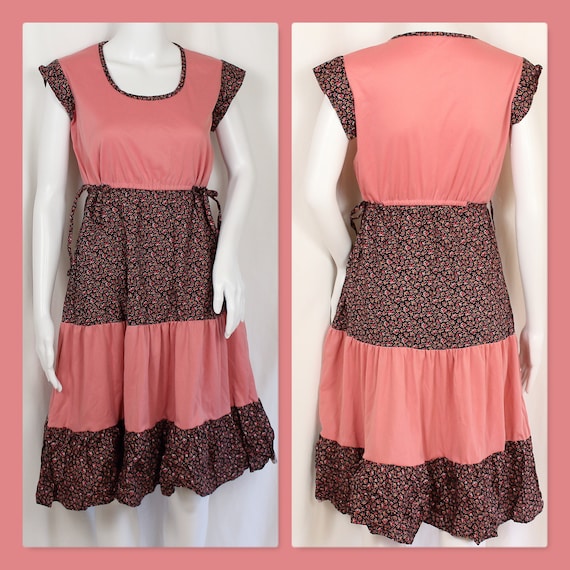 60's-70's FLORAL DRESS | pink, black - image 1