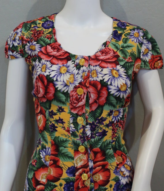 90's FLORAL DRESS| button up, yellow, corset back… - image 6