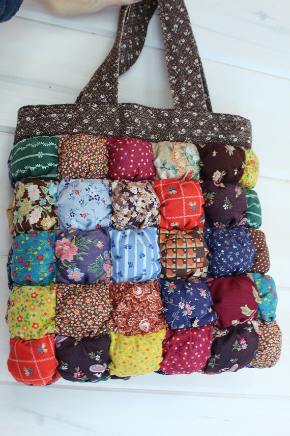 60s quilted puffy patchwork purse rainbow, homemade… Gem