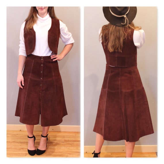70's SKIRT & VEST leather set suede dark brown but