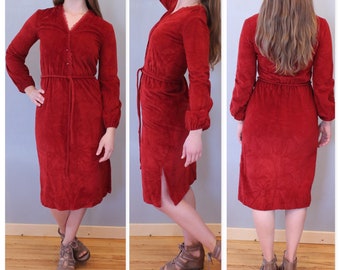 VINTAGE VELVET DRESS| red, long sleeve, faux wrap dress, v neck