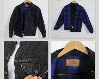 BLACK FLANNEL LEVI Denim Jacket | blue flannel lined, faded black, vintage, warm, winter, 80s, distressed,