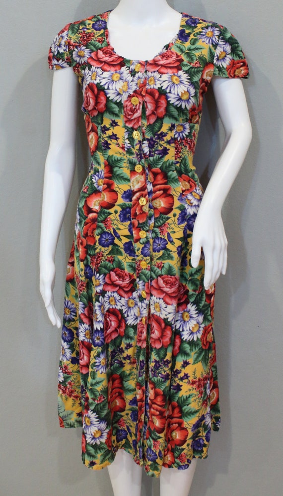 90's FLORAL DRESS| button up, yellow, corset back… - image 3