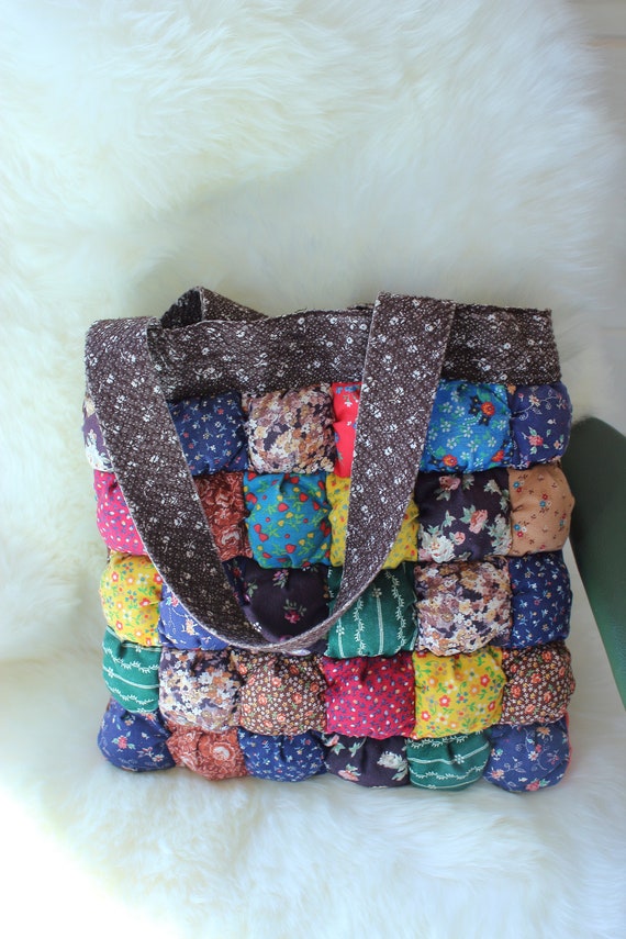 60s quilted puffy patchwork purse rainbow, homemade… Gem