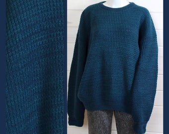 VINTAGE SWEATER; fishermens, teal, blue, marled, waffle knit