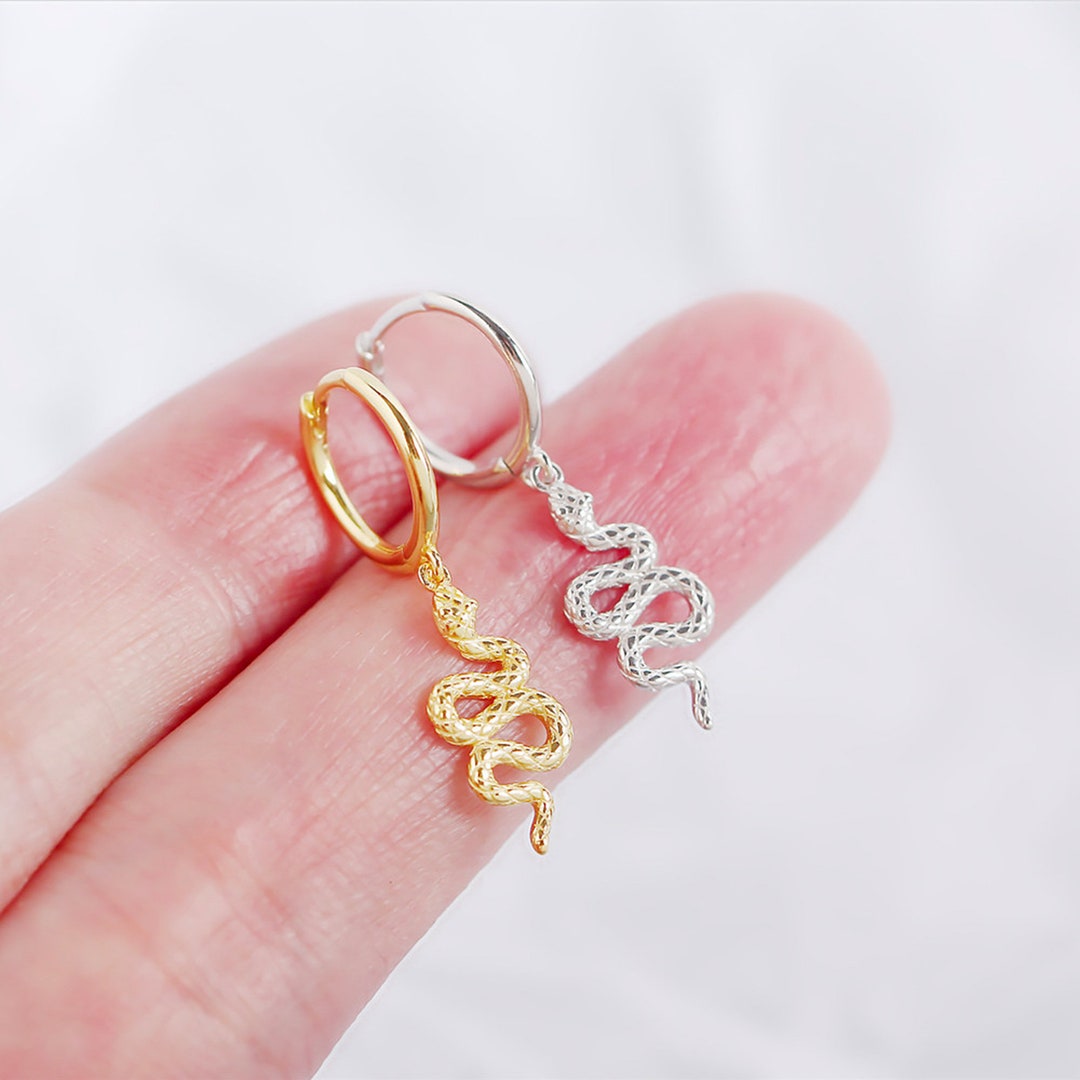 Serpent Dangle Hoop Earrings, Gold Snake Earrings, Slithering Snake Drop Earrings, Snake Charm