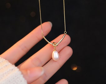 Simple Knot Silver Necklace, Dainty Pearl Pendant Necklace, Minimalist Necklace, Charm Gold Necklace, Tiny Box Chain Choker, Gifts for Her