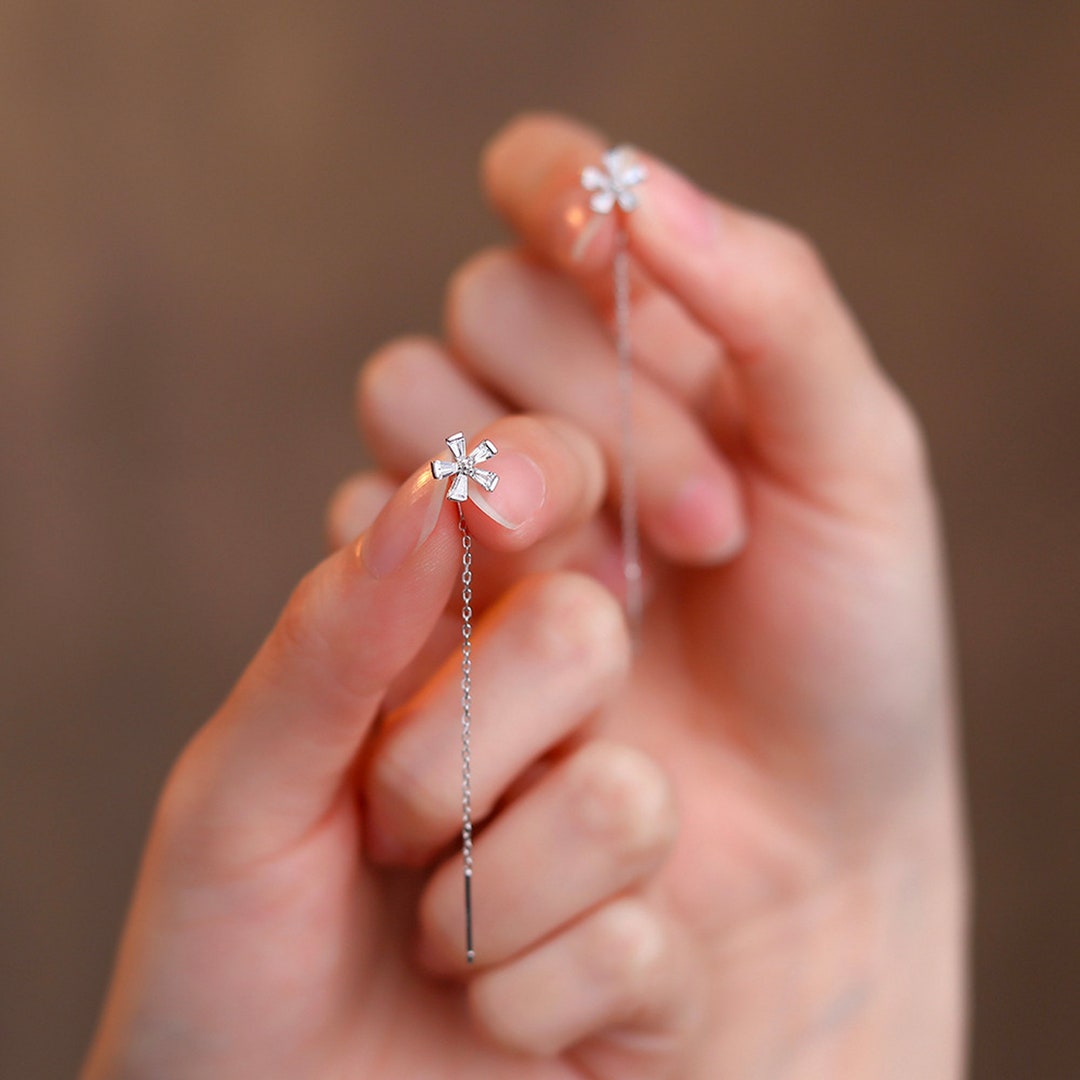 Sterling Silver Flower Threader Earrings, Tiny Zircon Flower Threader