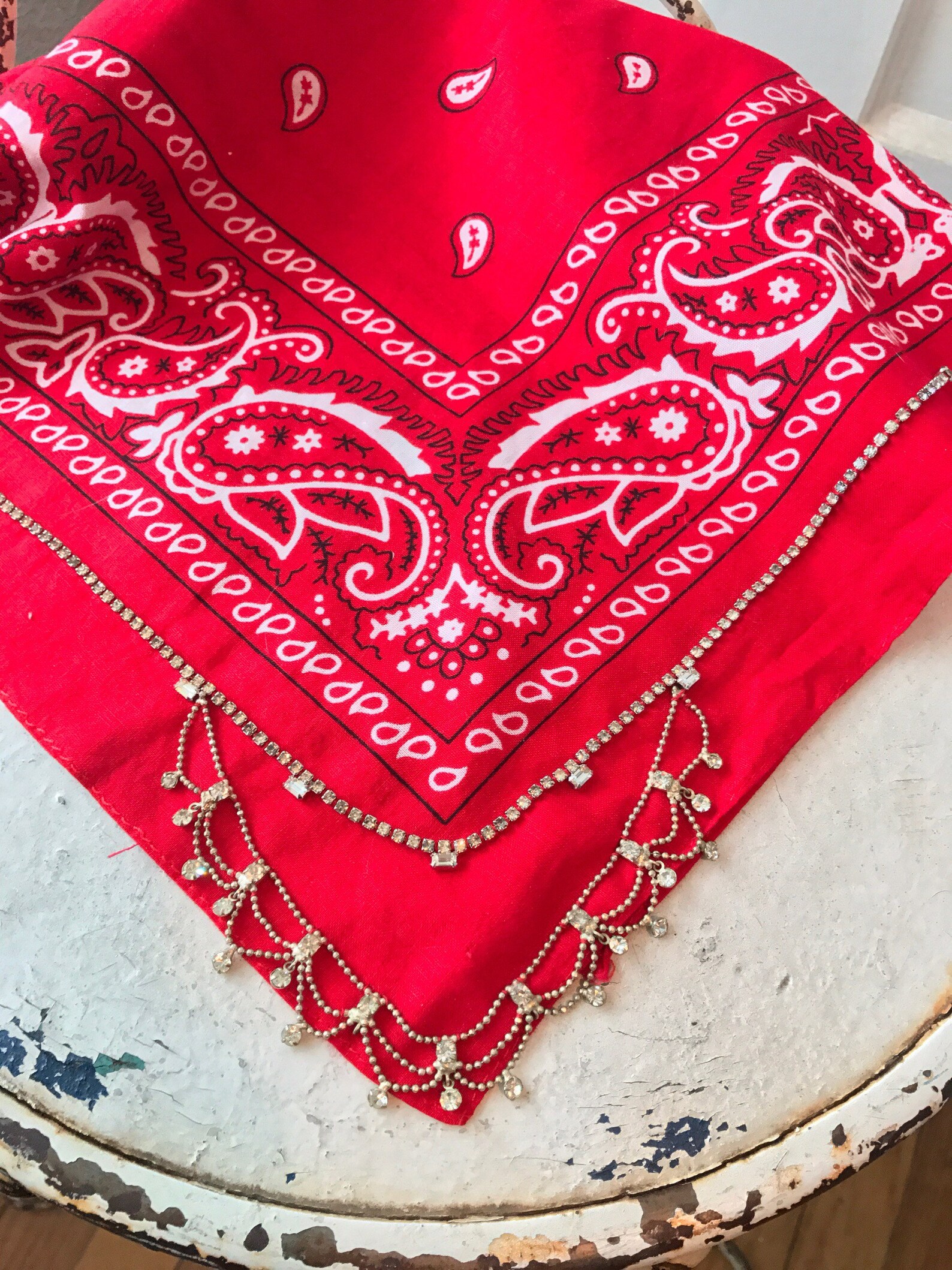 Vintage Rhinestone Cotton Bandana Necklace Etsy