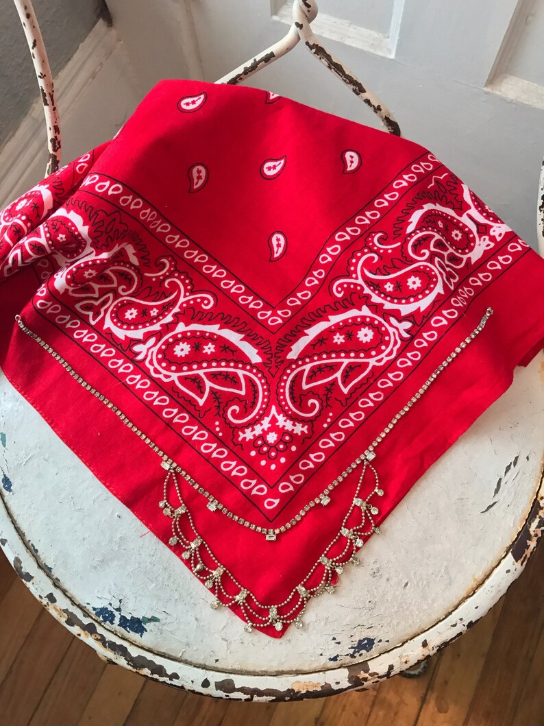 Vintage Rhinestone Cotton Bandana Necklace Etsy