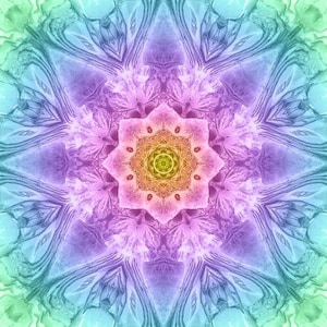Peut inclure: Un mandala abstrait coloré avec un motif en étoile dans des tons de rose, bleu, vert et jaune.