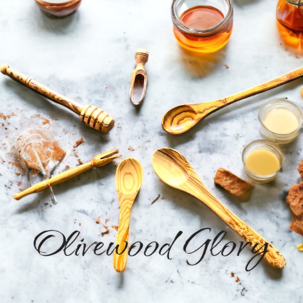 Juego de cucharas pequeñas de madera de olivo hechas a mano: cucharas de cóctel multiusos, recolectores de aceitunas, cucharadas de azúcar, cucharas de sal y especias, cazos de miel