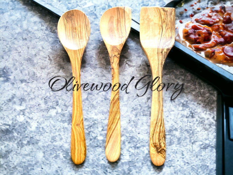 Premium Olivewood Spoon Set: Spatula, Regular Spoon, Spoon with Edge, and Optional Spurtle Ideal for Nonstick, Teflon, Cast Iron Cookware image 3