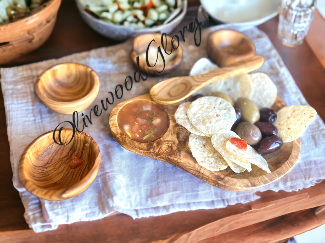 Set of Olivewood Dip Dish and Chip Bowl Made From Genuine Mediterranean