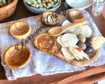 Set of Olivewood Dip Dish and Chip Bowl - Made from Genuine Mediterranean Wood - Rustic Serveware for Appetizers, Salsa, and Snacks