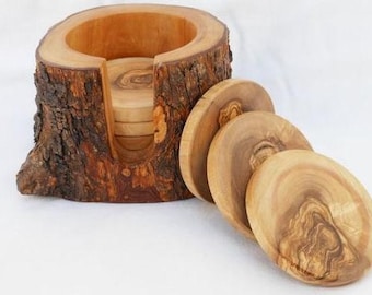 Set of 6 Coasters in a natural holder olive wood tree trunk