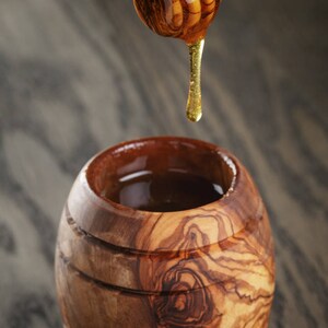 Honey Jar With Dipper made from a single block of olive wood, seamless and nonporous Tableware & Utensils image 2