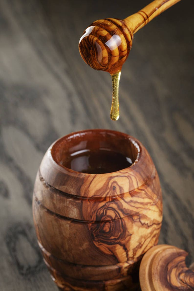 Honey Jar With Dipper made from a single block of olive wood, seamless and nonporous Tableware & Utensils image 2