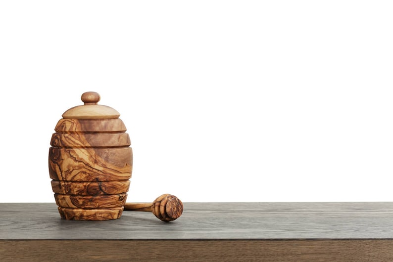 Pot à miel avec louche fabriqué à partir d'un seul bloc de bois d'olivier, vaisselle et ustensiles sans couture et non poreux image 5
