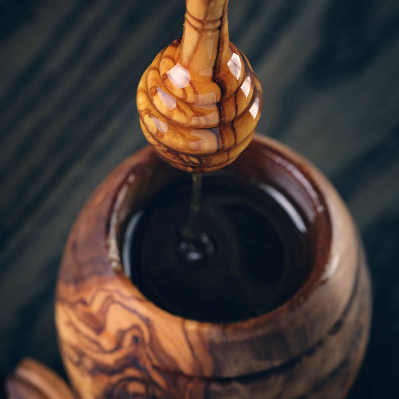 Honey Jar With Dipper made from a single block of olive wood, seamless and nonporous Tableware & Utensils image 7