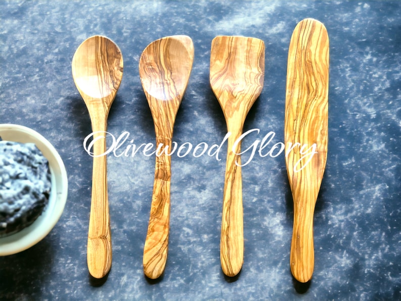 Premium Olivewood Spoon Set: Spatula, Regular Spoon, Spoon with Edge, and Optional Spurtle Ideal for Nonstick, Teflon, Cast Iron Cookware image 5