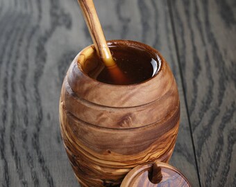 Honey Jar With Dipper made from a single block of olive wood, seamless and nonporous Tableware & Utensils