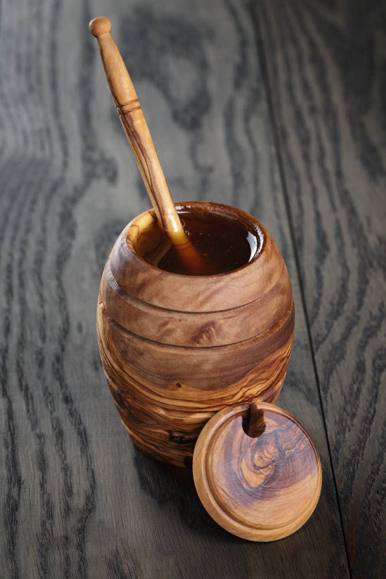 Honey Jar With Dipper made from a single block of olive wood, seamless and nonporous Tableware & Utensils image 1