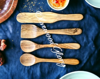 Juego de cucharas de madera de olivo hechas a mano, utensilios de cocina, utensilios de cocina antiadherentes