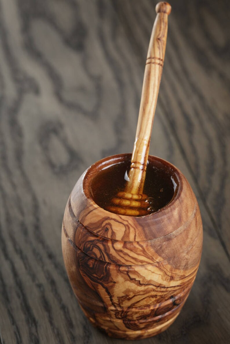 Honey Jar With Dipper made from a single block of olive wood, seamless and nonporous Tableware & Utensils image 4