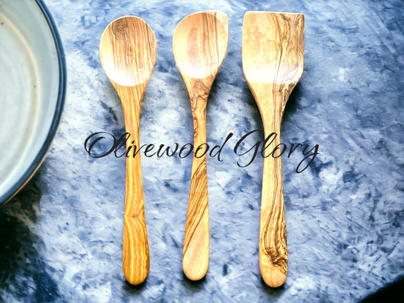 Premium Olivewood Spoon Set: Spatula, Regular Spoon, Spoon with Edge, and Optional Spurtle Ideal for Nonstick, Teflon, Cast Iron Cookware image 2