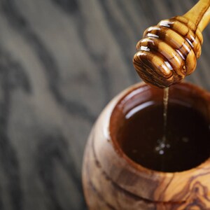 Honey Jar With Dipper made from a single block of olive wood, seamless and nonporous Tableware & Utensils image 3