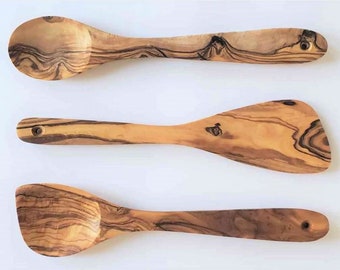 Ensemble de cuillères en bois d'olivier haut de gamme : spatule, cuillère ordinaire, cuillère avec rebord et spatule en option Idéal pour les ustensiles de cuisine antiadhésifs, en téflon et en fonte